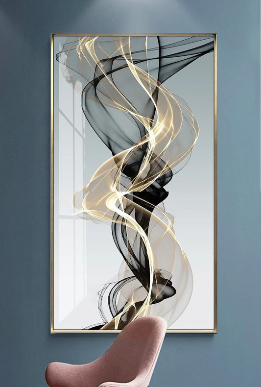 Abstraktes Wandkunstbild auf Leinwand im Goldrahmen, vertikales Gemälde in Schwarz und Gold, großer schwebender Rahmen, Wandkunst fürs Schlafzimmer, extra großer Wandkunstdruck