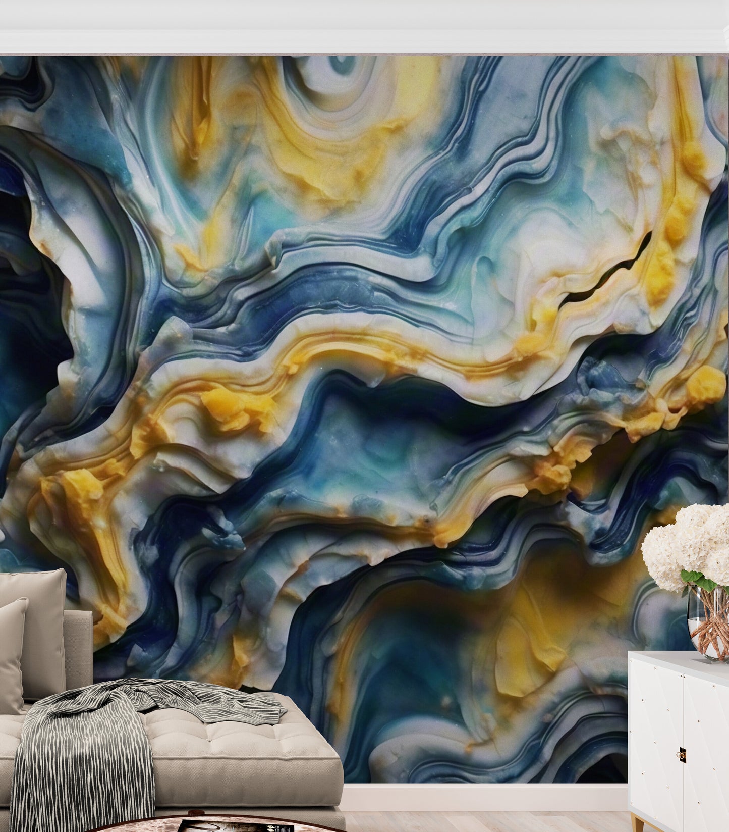 Extra large abstract wallpaper, 3d effect wallpaper mural, blue and yellow wall mural, removable wallpaper, accent wall mural