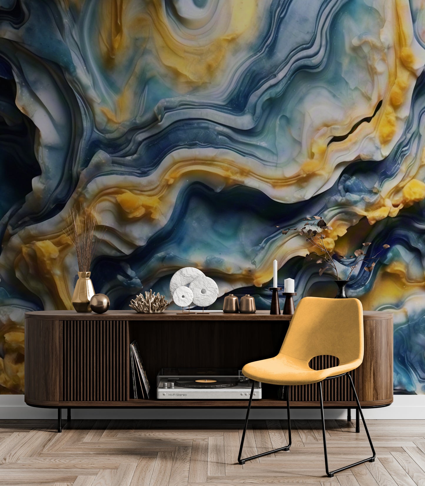 Extra large abstract wallpaper, 3d effect wallpaper mural, blue and yellow wall mural, removable wallpaper, accent wall mural