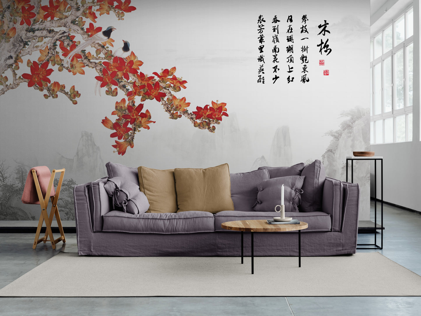 Oriental floral wallpaper peel and stick, sakura blossom wallpaper mural, chinoiserie self adhesive wall mural, wallpaper with hieroglyphs