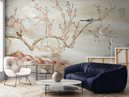 Large chinoiserie wallpaper, Botanical oriental wall mural, Beige wallpaper with birds, Peel and stick wallpaper mural, Accent self adhesive wallpaper