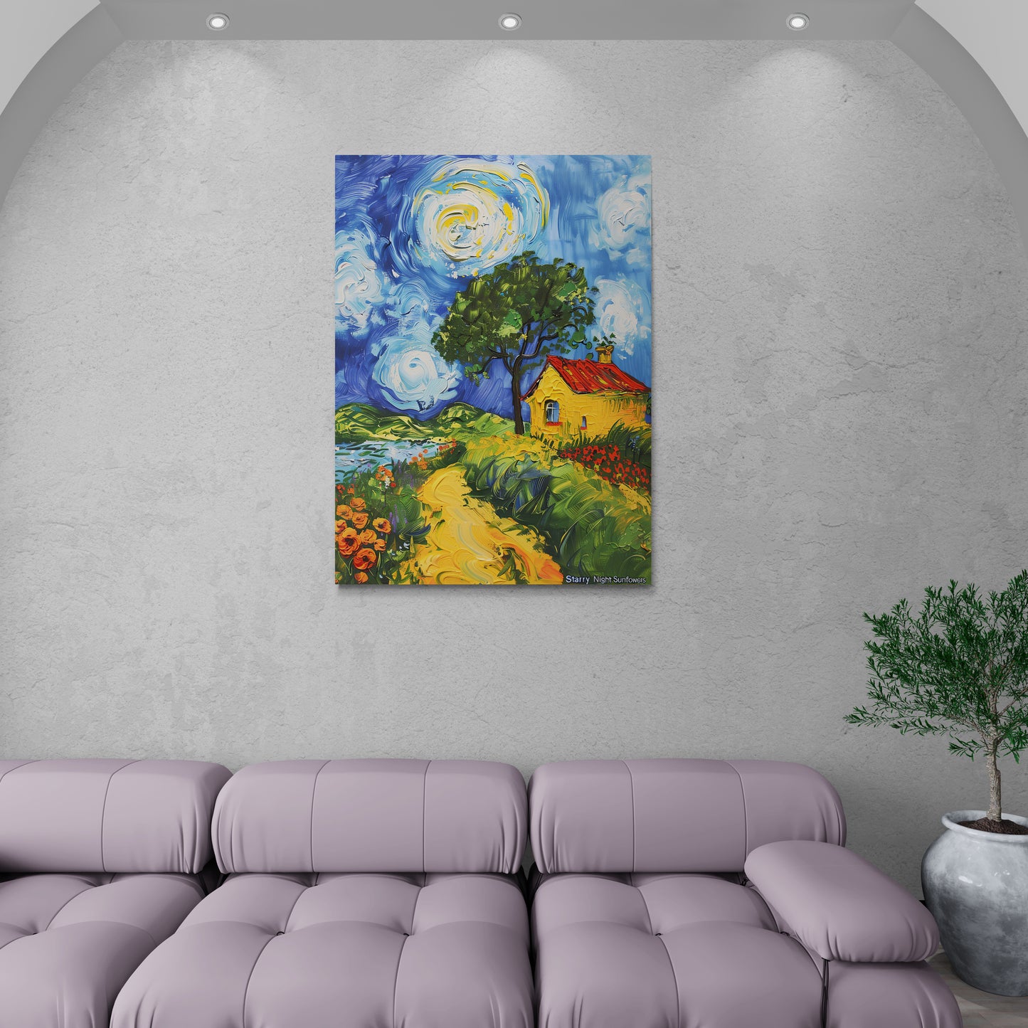 Starry night sunflowers wall art, colorful art print, framed watercolor effect canvas print, vertical farmhouse artwork, modern bedroom wall art