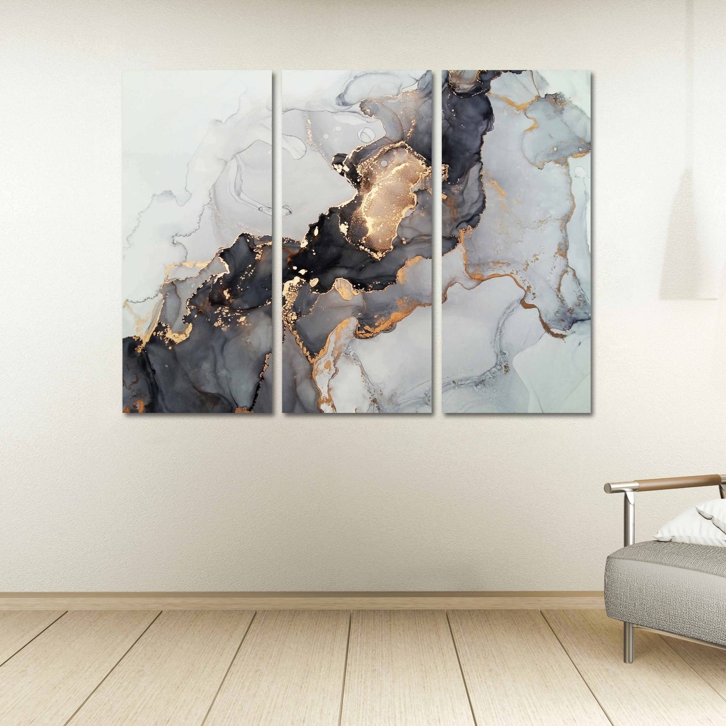 Marmor-Wanddekor, abstraktes Marmor-Leinwandbild, abstrakte Wandkunst in Gold und Schwarz auf Leinwand, mehrteiliges Wandbild auf Marmor-Leinwandbild