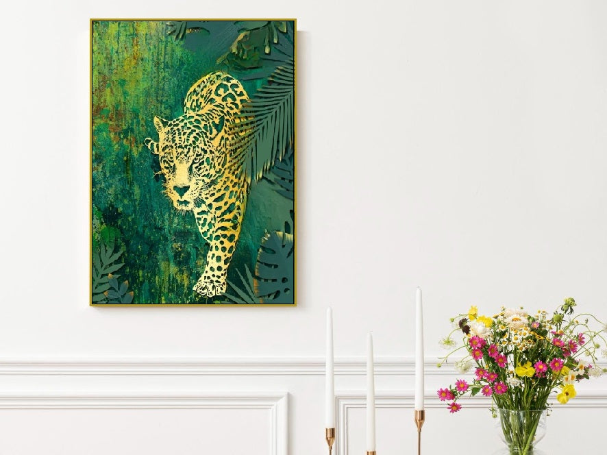 Leopard canvas wall art, animals artwork in floating frame, green hanging wall decor, printable nature wall art, large living room wall art