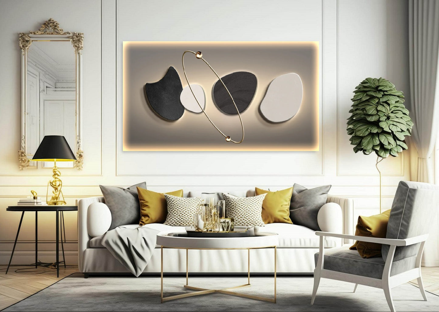 Abstract wall hanging decor, large floater frame wall art with stones, contemporary canvas print, modern framed living room wall art