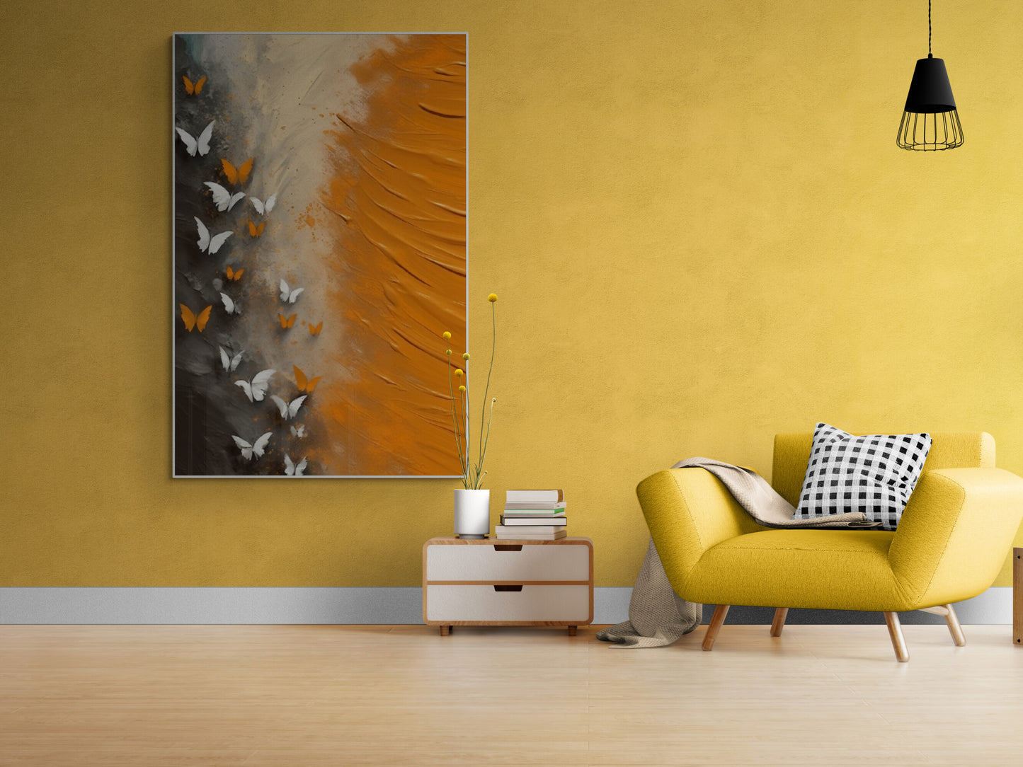 Abstract wall art, framed butterfly artwork, printable orange wall art, large floater frame canvas print, contemporary living room wall art