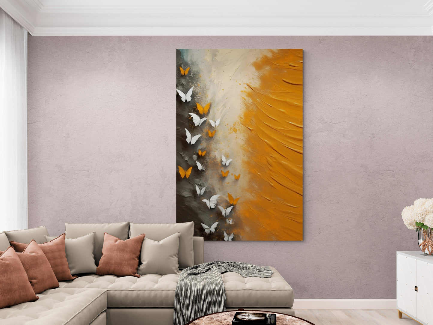 Abstract wall art, framed butterfly artwork, printable orange wall art, large floater frame canvas print, contemporary living room wall art