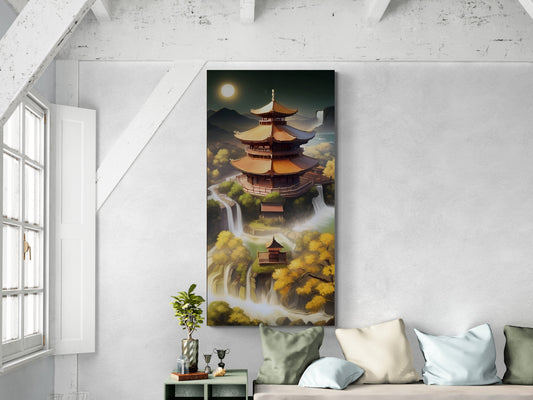 Large oriental canvas print, framed japanese wall art, floater frame wall art, architecture wall art, modern Asian nature wall art bedroom