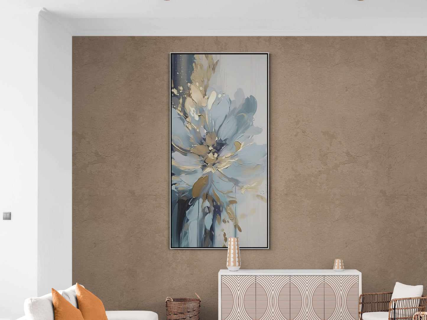 Blue flower wall art, large framed blue gold wall art, abstract floater frame artwork, calm bedroom canvas print, printable floral artwork