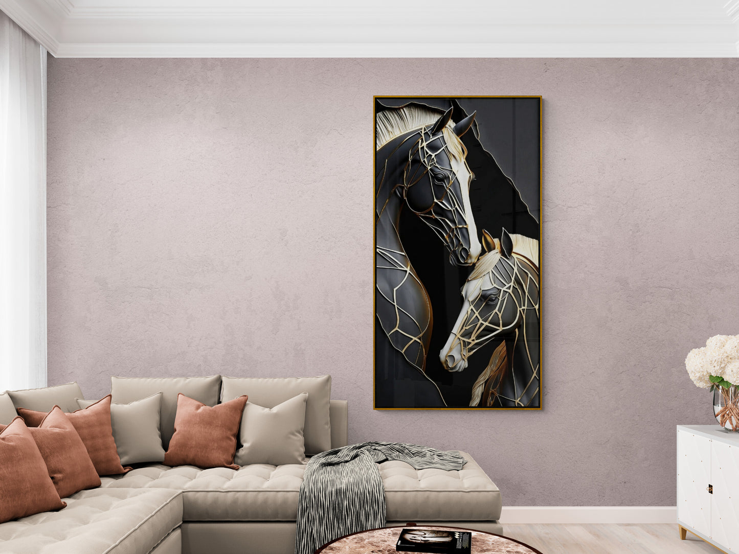 Horses canvas print, large framed animal wall art, printable couple horses artwork, black white living room wall art, stylish gift wall art