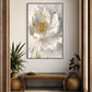 Floral 3D wall art, large white & gold artwork, printable floater frame wall art, volumetric white flower canvas print, living room wall art