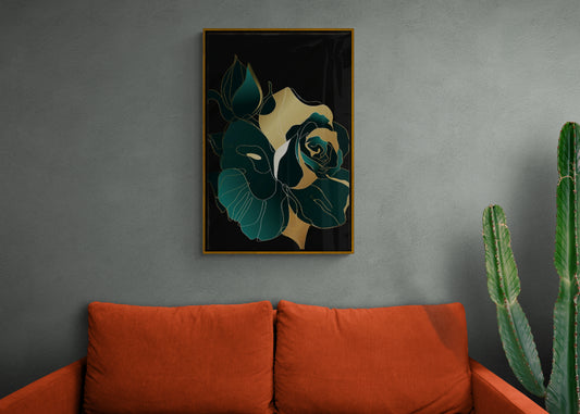 Floral wall art, green rose art print, framed abstract artwork, large flower wall art, vertical above bed wall art, gift for wife