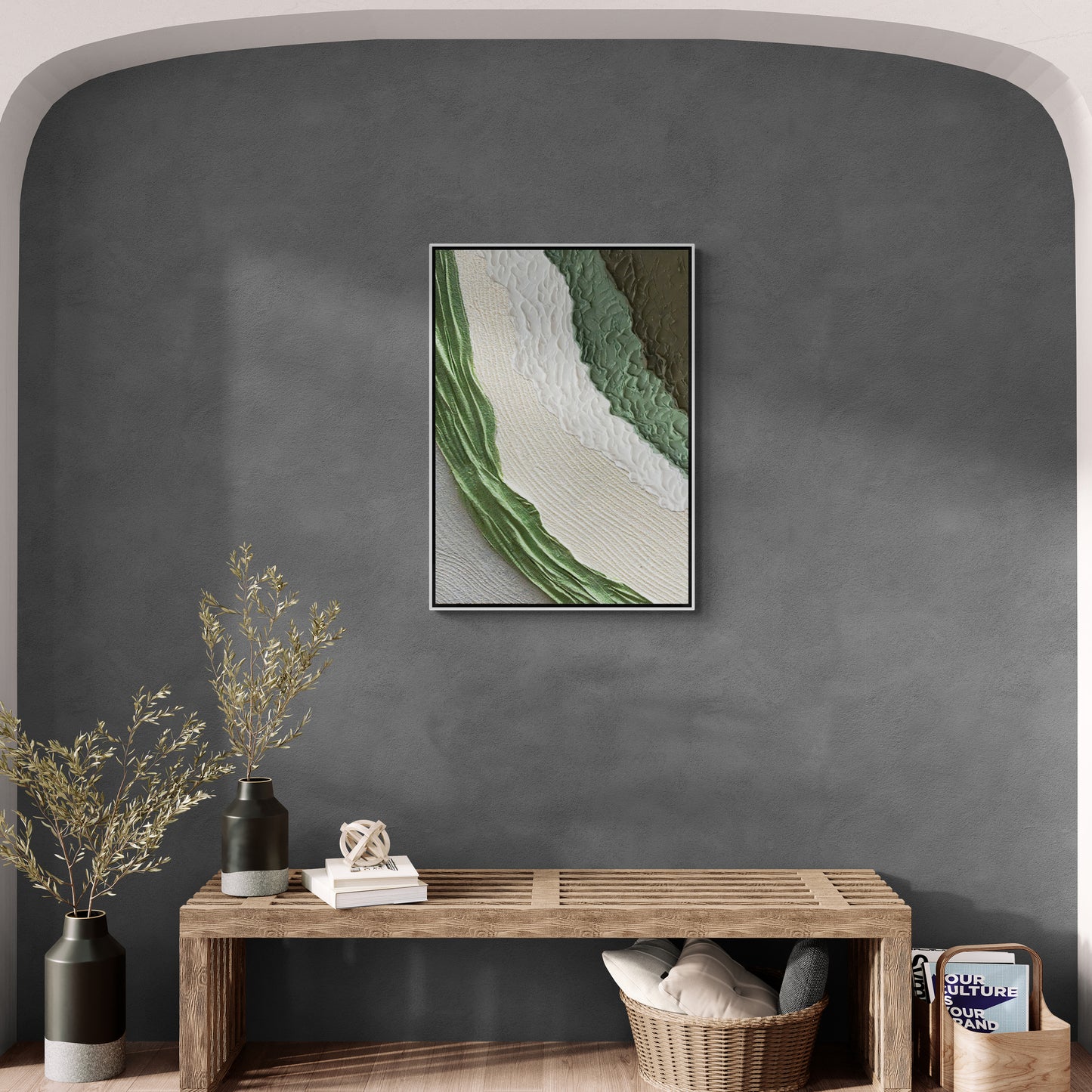 Abstract wall art, green and white art print, modern framed canvas print, oil painting effect wall art, housewarming gift, dormm wall art