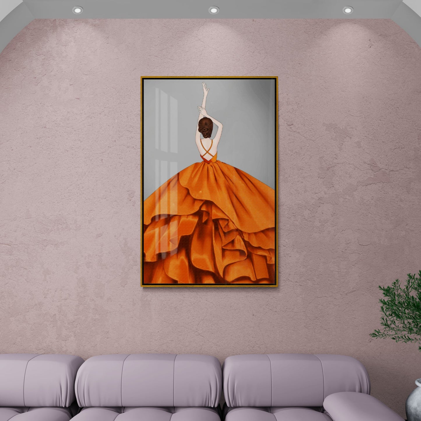 Fashion wall art, dancing woman art print, stylish canvas print, framed wall art, orange and gray artwork, gift for her, bedroom wall art