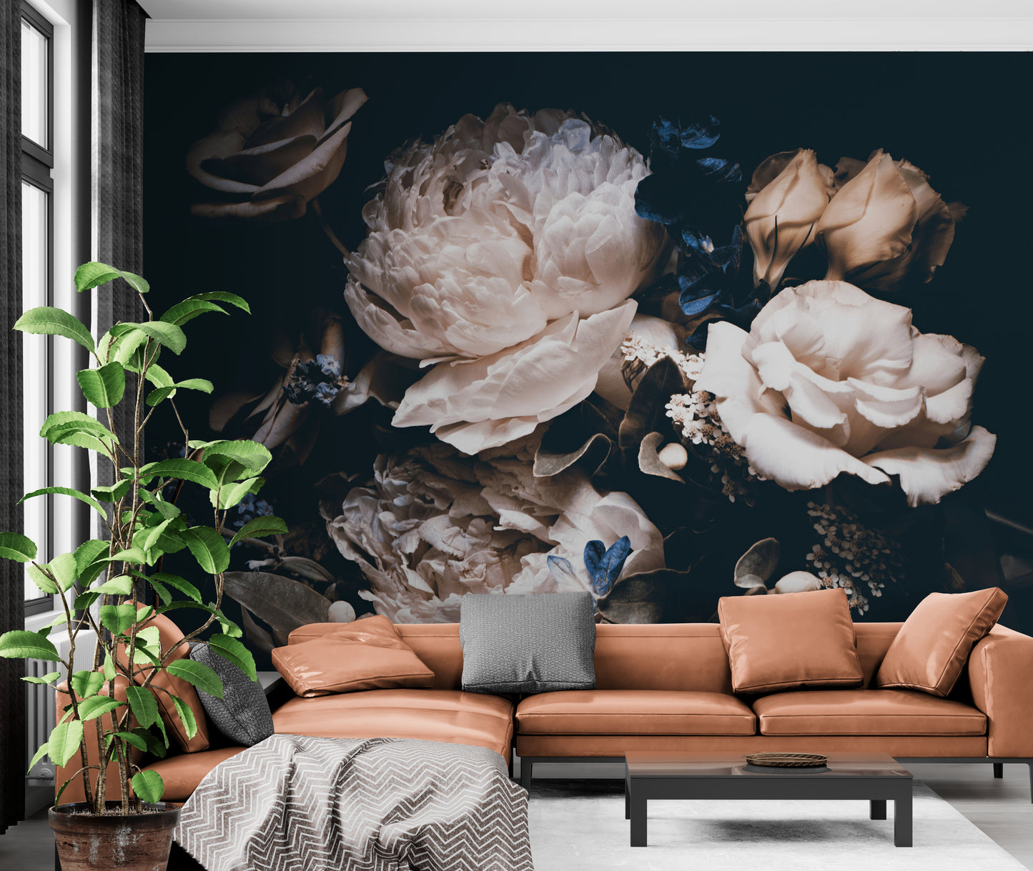 Dark floral wallpaper, Peel and stick peonies wallpaper mural, Extra large floral wall mural, Big flowers wallpaper, Temporary wall mural for bedroom