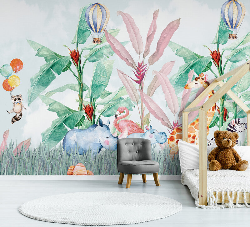 Children wallpaper with botanical image, peel and stick nursery wallpaper, temporary wall mural for kids room