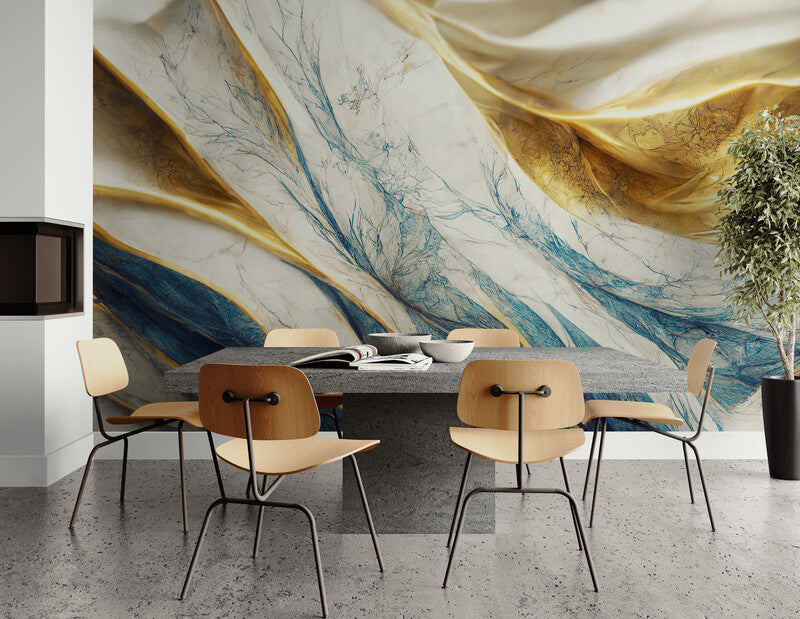 Extra large abstract wallpaper for living room, bedroom, ofice, blue, gold and white wall mural, 3d effect wallpaper