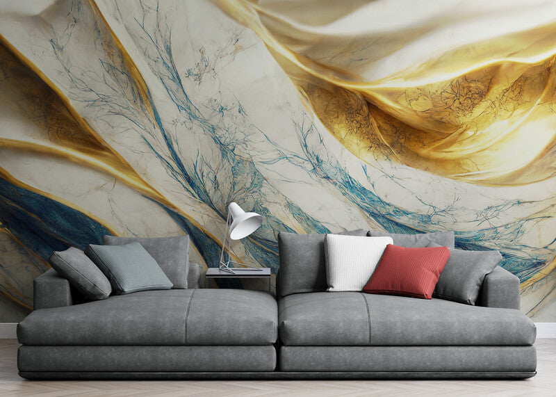 Extra large abstract wallpaper for living room, bedroom, ofice, blue, gold and white wall mural, 3d effect wallpaper