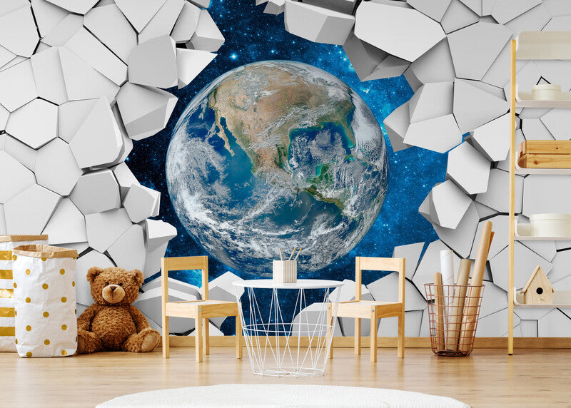 3D effect wallpaper, wallpaper with Earth, wallpaper with bricks, wall mural for nursery, children`s wallpaper, peel and stick wallpaper