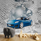 3D effect wallpaper, wallpaper with blue car, wallpaper with bricks, wall mural for nursery, children`s wallpaper, peel and stick wallpaper