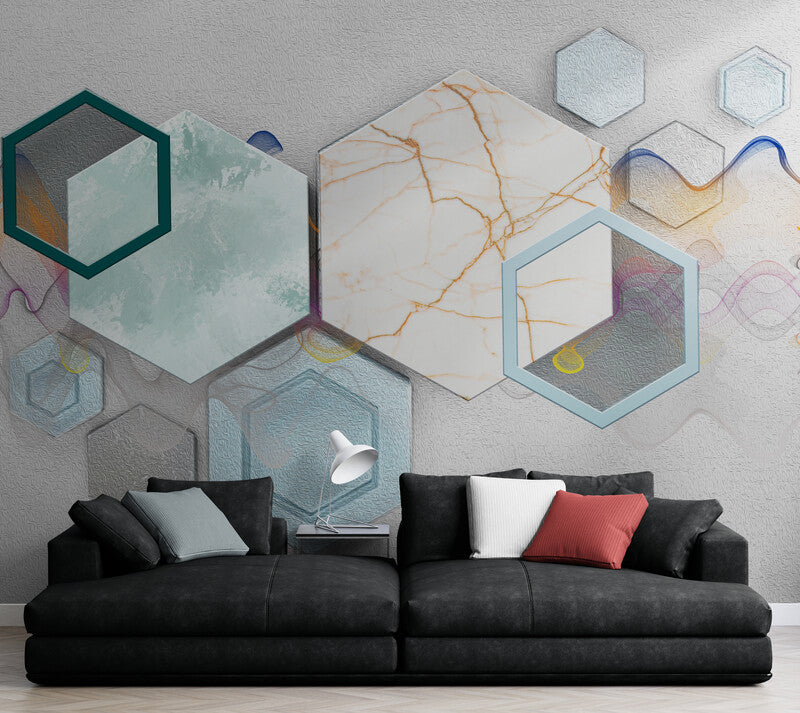 3d wallpaper, large geometrical wall mural, wallpaper with hexagons, peel and stick wallpaper, accentual wall mural for living room