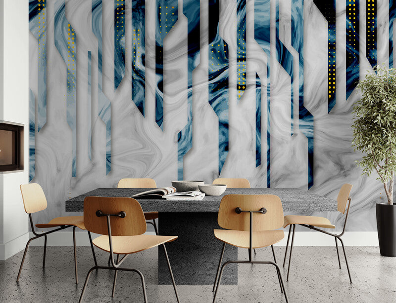 Abstract wall mural, accentual blue white wallpaper, self adhesive wallcovering for living room, peel and stick wallpaper