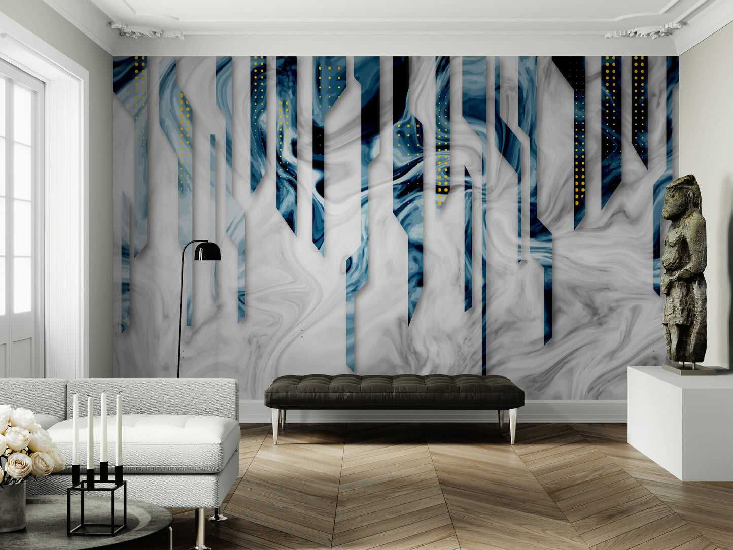 Abstract wall mural, accentual blue white wallpaper, self adhesive wallcovering for living room, peel and stick wallpaper