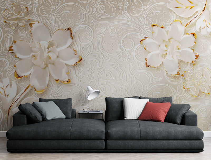 Extra large floral wallpaper, white and gold wall mural, luxury wallpaper with flowers, self adhesive wall mural for bedroom