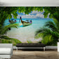 Tropical wallpaper, extra large seascape wall mural, self adhesive wallpaper with palm trees, green peel and stick wallpaper, accentual botanical wall mural