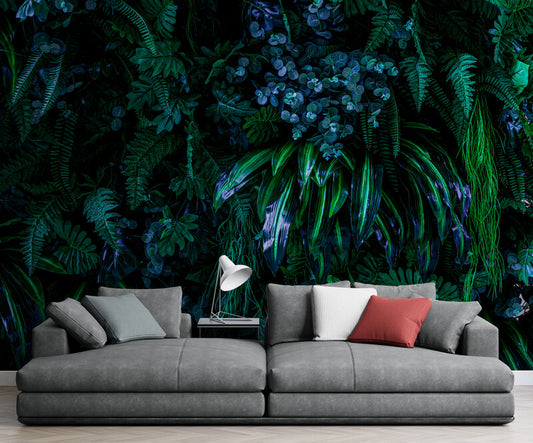 Extra large tropical wallpaper, wallpaper with leaves, self adhesive accentual wall mural, peel and stick wallpaper with dark green leaves