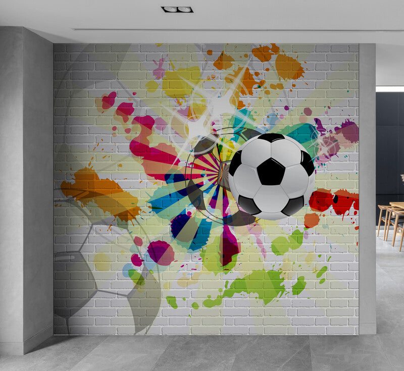 Peel and stick kids wallpaper, nursery wall mural, sport wallpaper, colorful wallpaper with soccer ball, accentual football wallpaper