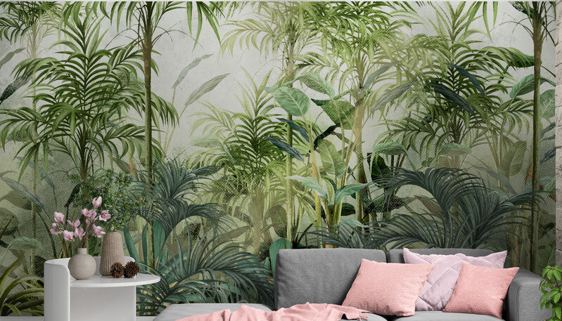 Self adhesive tropical wall mural, botanical peel and stick wallpaper mural, accent wallpaper with green plants, removable herbs wall mural, extra large living room wallpaper