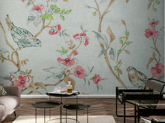 Birds wallpaper, self adhesive botanical wall mural, plants and trees wallpaper, peel and stick nature wallpaper, temporary accent wallpaper, bedroom wall mural