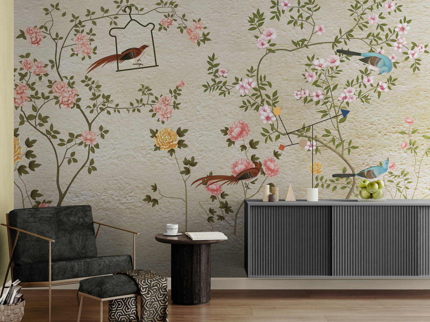 Birds and trees wall mural, botanical japandi wallpaper, self adhesive sakura blossom wall mural, floral oriental wall mural, chinoiserie wallpaper, peel and stick wallpaper mural for bedroom