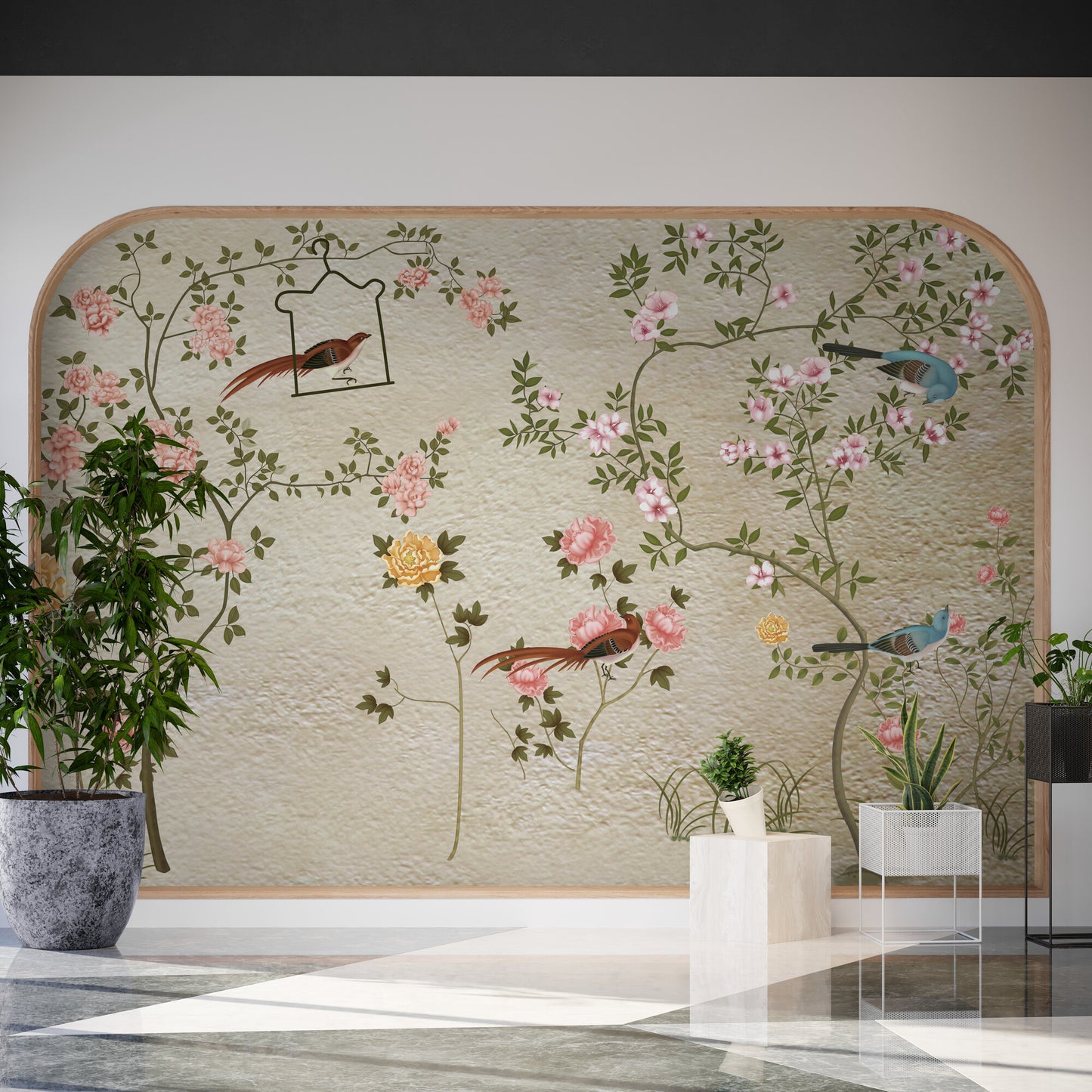 Birds and trees wall mural, botanical japandi wallpaper, self adhesive sakura blossom wall mural, floral oriental wall mural, chinoiserie wallpaper, peel and stick wallpaper mural for bedroom