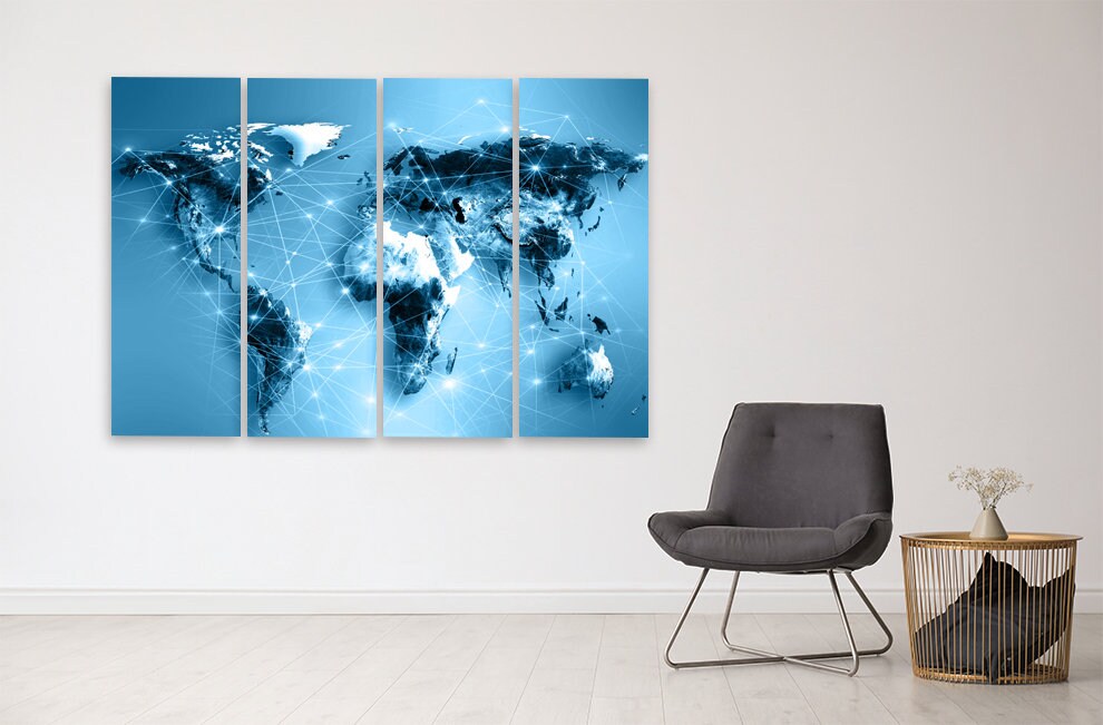 World map wall art paintings on canvas, world map canvas, home wall decor, canvas painting, extra large wall art, multi panel wall art