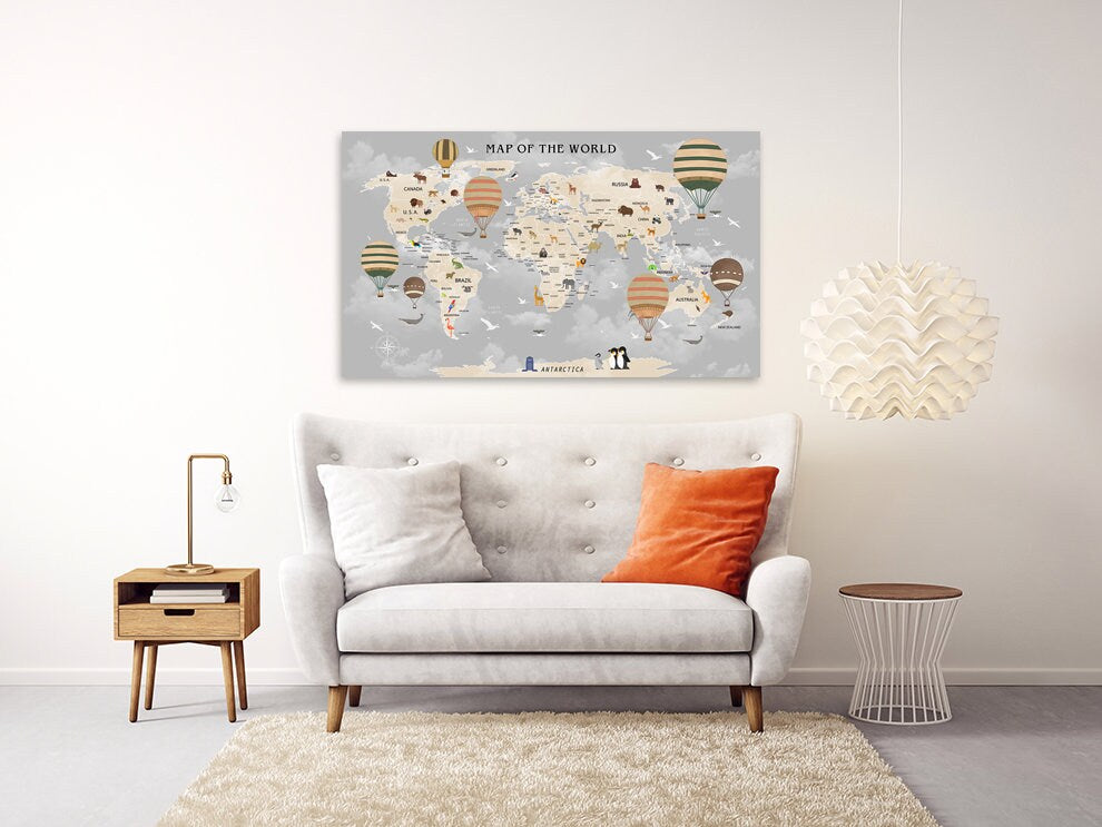 Boy nursery wall art, Children's world map wall art paintings on canvas, home wall decor, canvas painting, multi panel wall art extra large