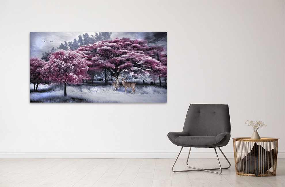 Forest wall art paintings on canvas Nature painting home wall decor wood wall art multi panel wall art extra large wall art pink trees art