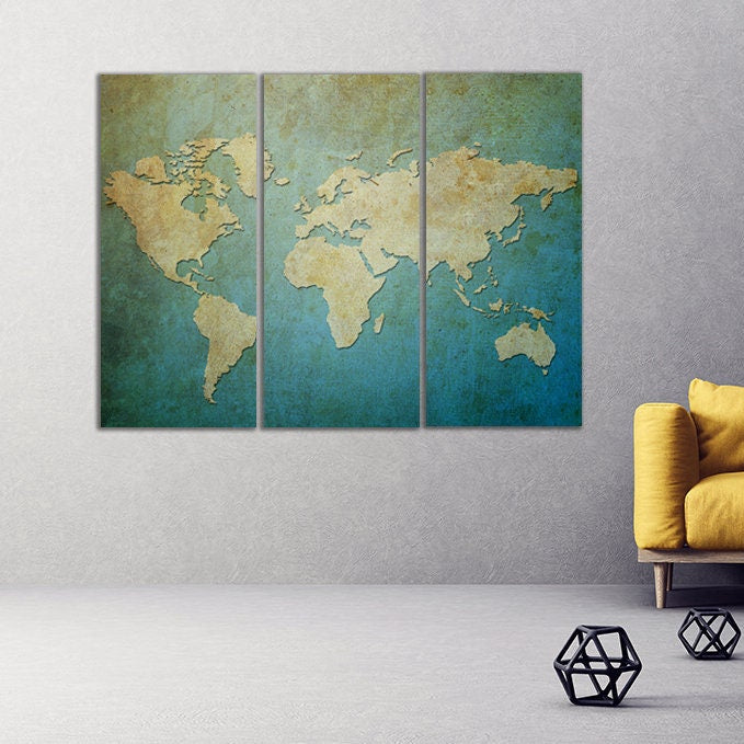 World map wall art paintings on canvas, home wall decor, canvas painting, housewarming and wedding gift multi panel wall art