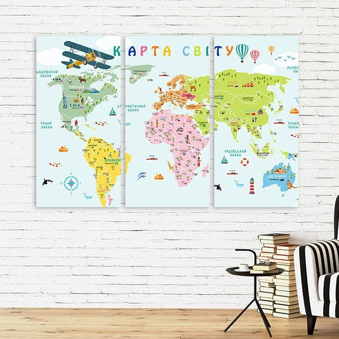 Boy nursery wall artChildren's world map wall art paintings on canvas, home wall decor, canvas painting, world map canvas, set of 3 nursery