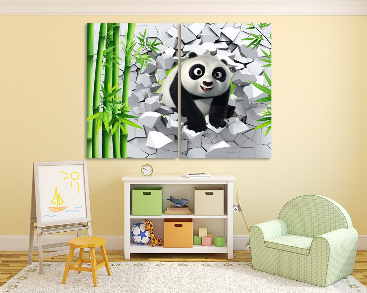 Panda kids Baby nursery Animal canvas wall art Jungle nursery framed print Playroom canvas painting Extra large multi panel wall art