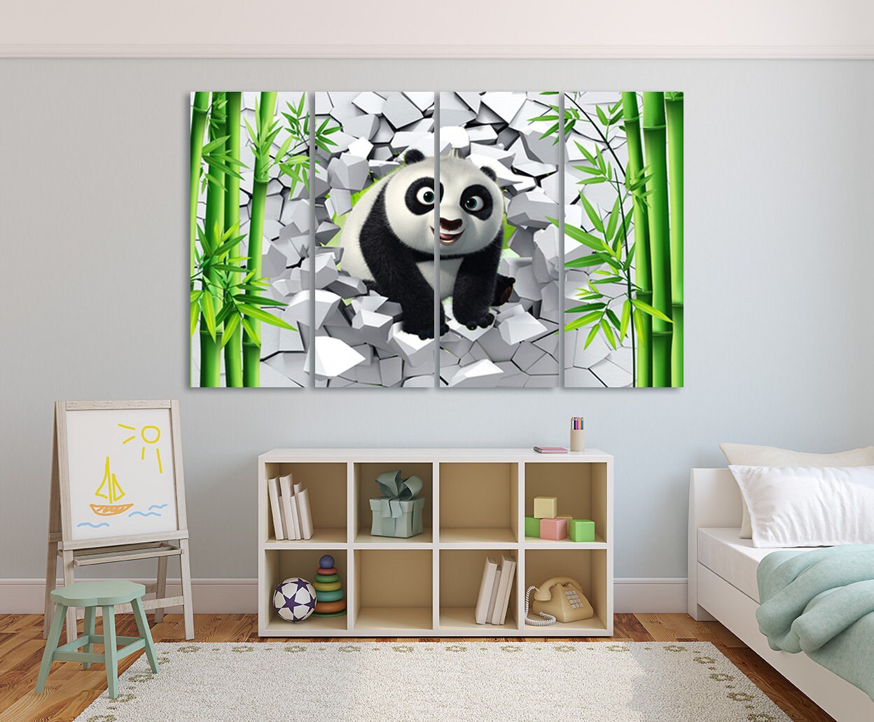 Panda kids Baby nursery Animal canvas wall art Jungle nursery framed print Playroom canvas painting Extra large multi panel wall art