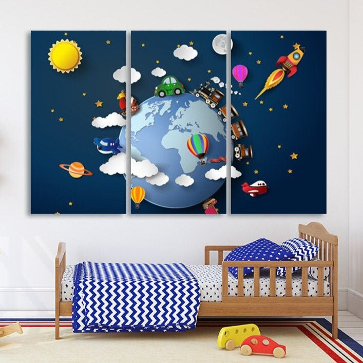 Kids space Nursery Playroom wall decor adventure Baby Kids wall print 3d space art canvas painting extra large Multi panel canvas