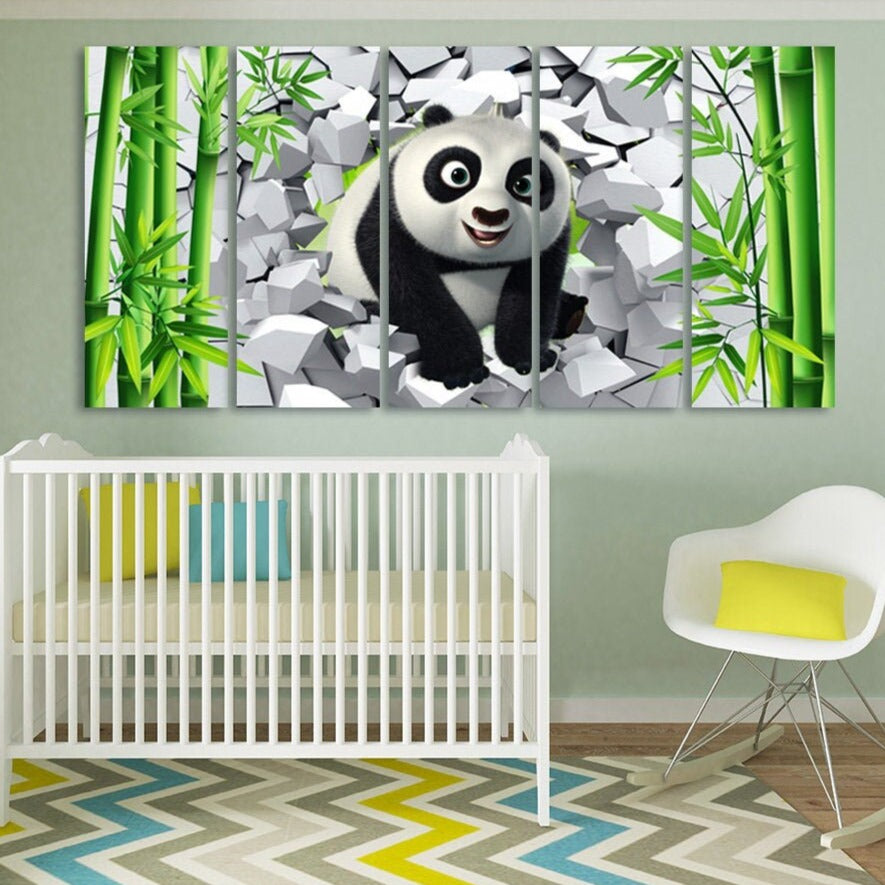 Panda kids Baby nursery Animal canvas wall art Jungle nursery framed print Playroom canvas painting Extra large multi panel wall art