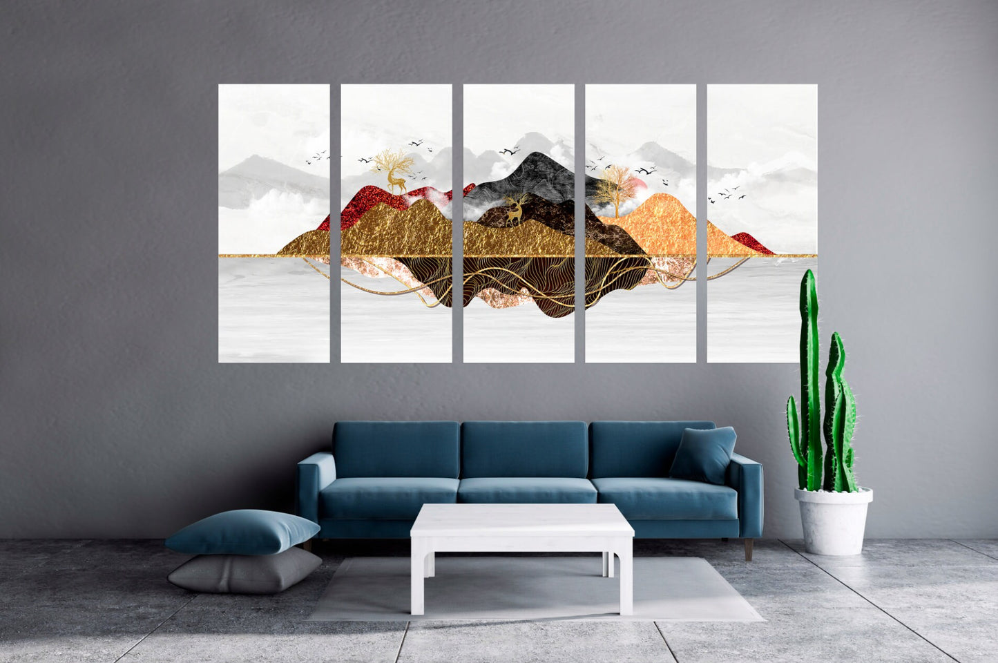 Framed wall art mountains Golden deer Smoky mountains wall art 3 panel canvas Outdoors mountains Canvas painting Home wall decor