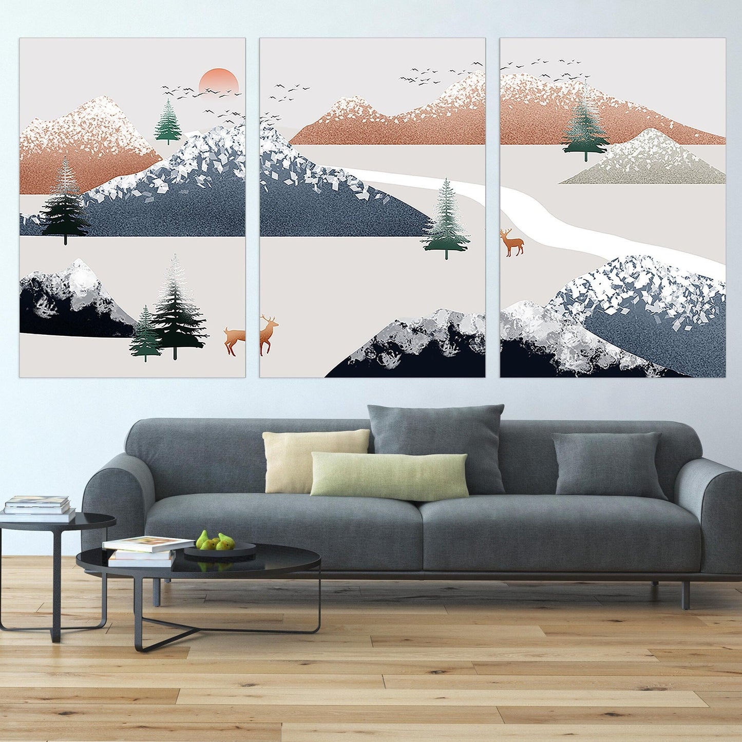 Framed wall art mountains Golden deer Rocks and mountains Smoky mountains wall art 3 panel canvas Home wall decor