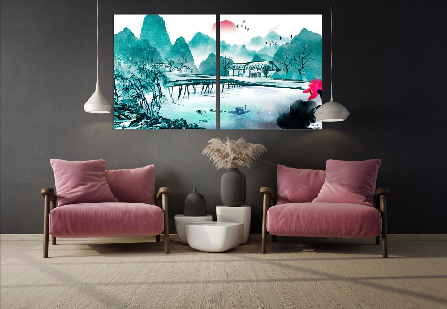 Life is better at the lake Sakura blossoms Outdoors mountains wall art Home wall decor Rocks and mountains 3 piece frame canvas Lake life