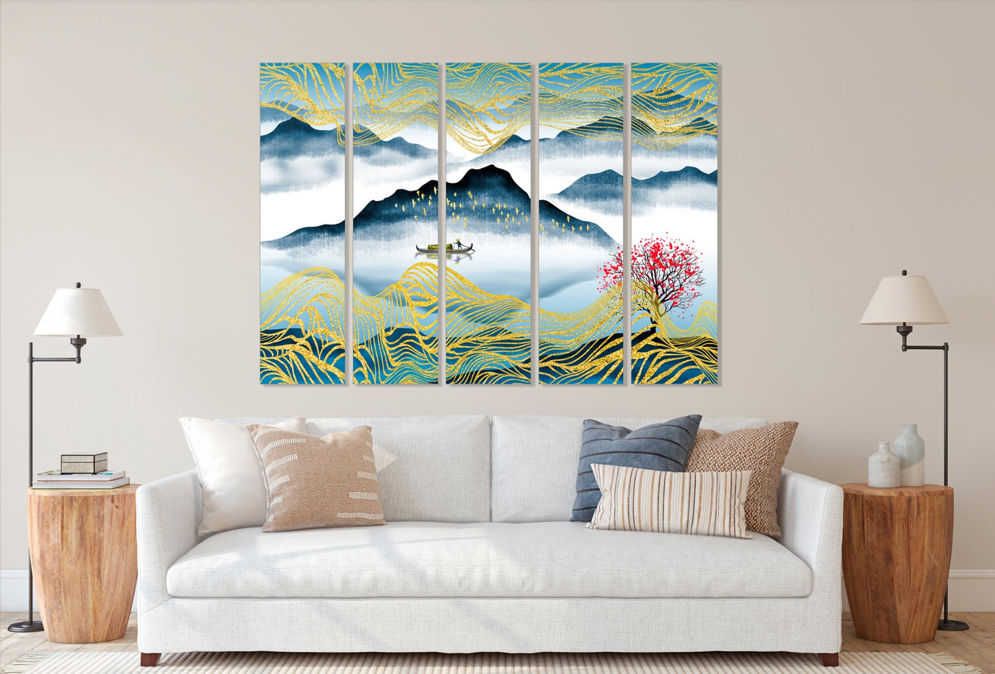 Boat wood Sakura blossoms Felt boat Mountain Lake decor Home wall decor Canvas painting Rocks and mountains Thin blue line