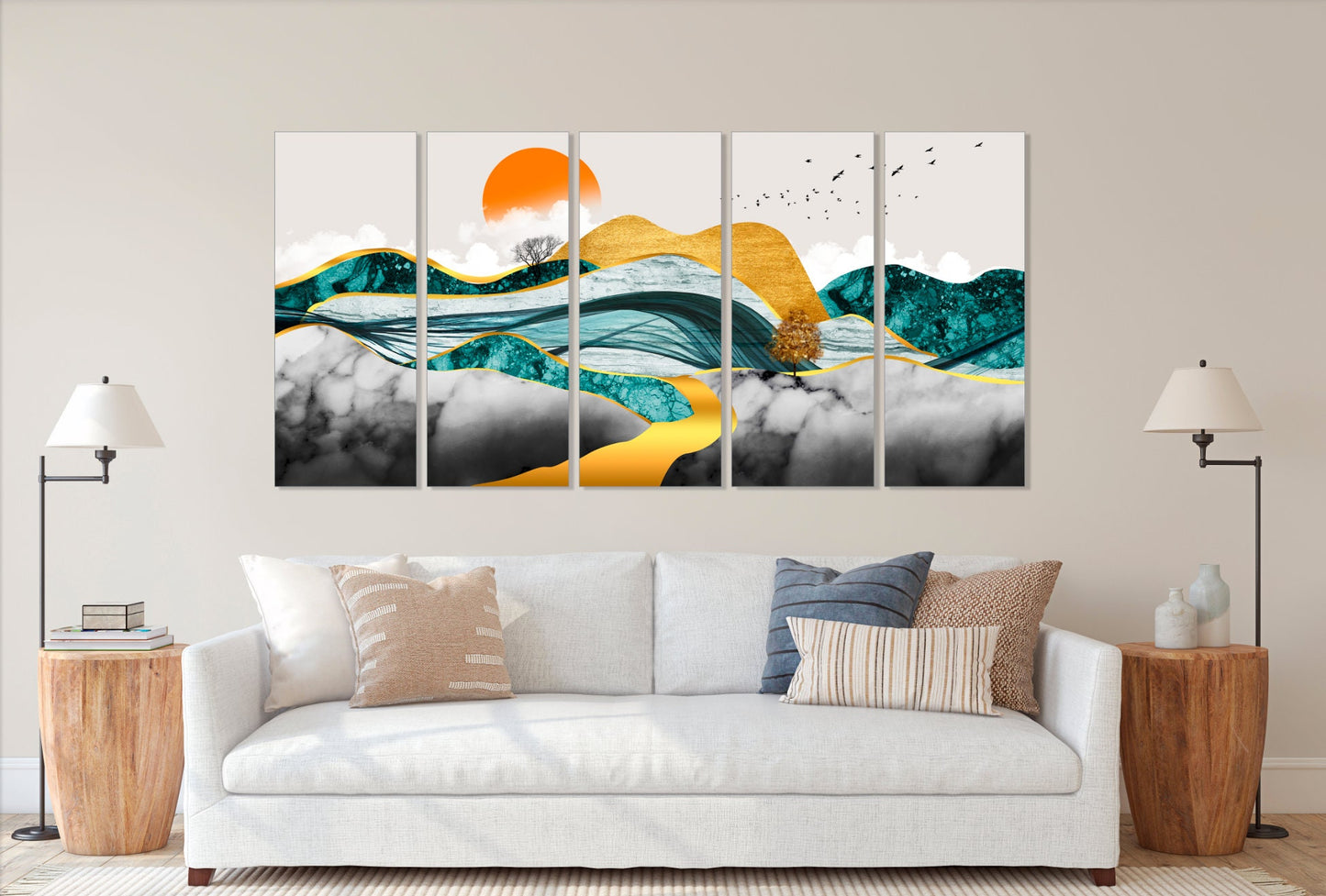 Gold mountains wall art Abstract framed canvas painting Wall pictures mountains Nature wall art Bedroom wall decor Mountain art print