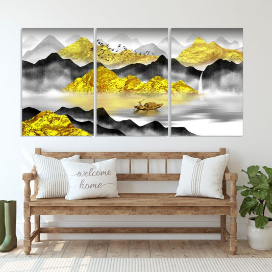 Gray and Gold mountains wall art paintings on canvas, wall pictures mountains, nature wall art, home wall decor, mountain art print